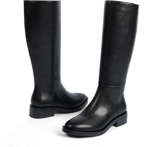 Women Polyurethane Pu Black Round Toe Flat Heel Side Zipper Knee High Tall Boots - Picture 2 of 7